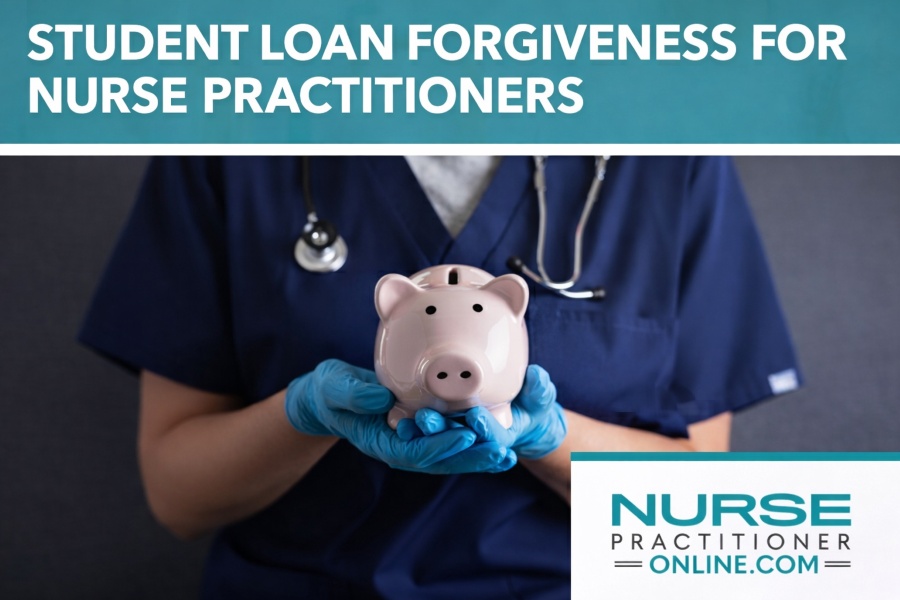 Nurse in scrubs and gloves holds a piggy bank