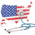 Highest paying nurse practitioner states featuring a map of the US with a stethoscope on it