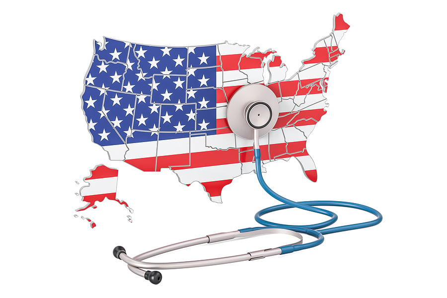 Highest paying nurse practitioner states featuring a map of the US with a stethoscope on it