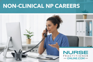 Female Nurse Practitioner in an office talking on a phone behind a desk
