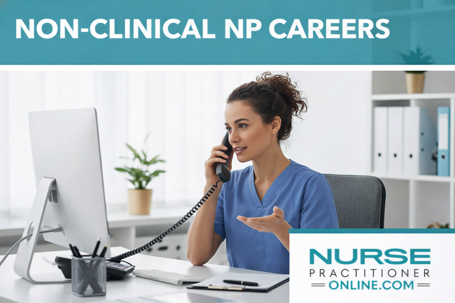 Female Nurse Practitioner in an office talking on a phone behind a desk