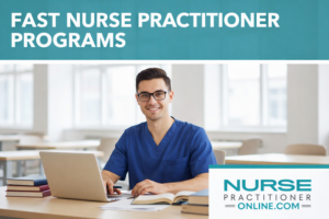 male nursing student in a classroom studying at a laptop