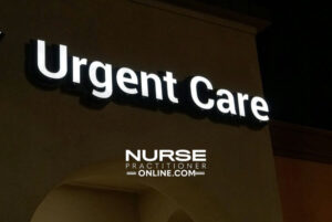 A corner urgent care facility with a sign on the building that reads, Urgent Care.