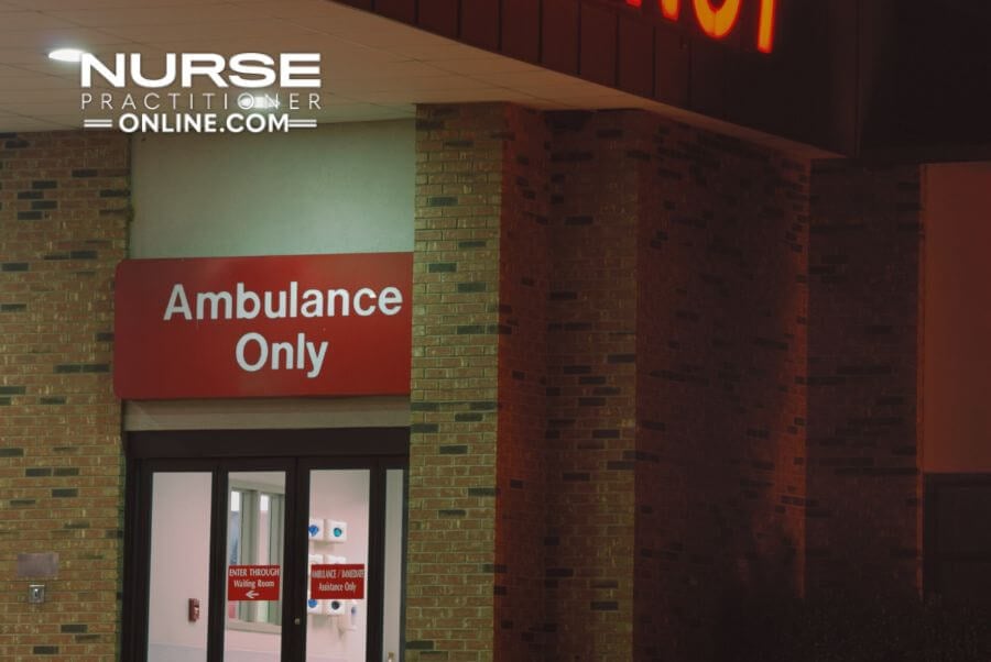 An emergency room with a sign above the door reading Ambulances Only