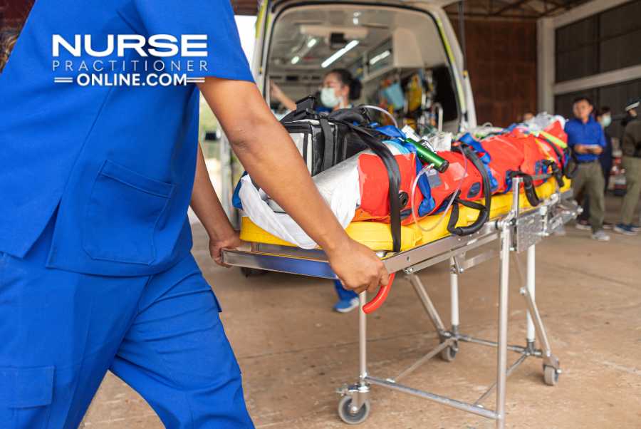 A nurse practitioner assists in an emergency situation by providing a gurney for a patient.