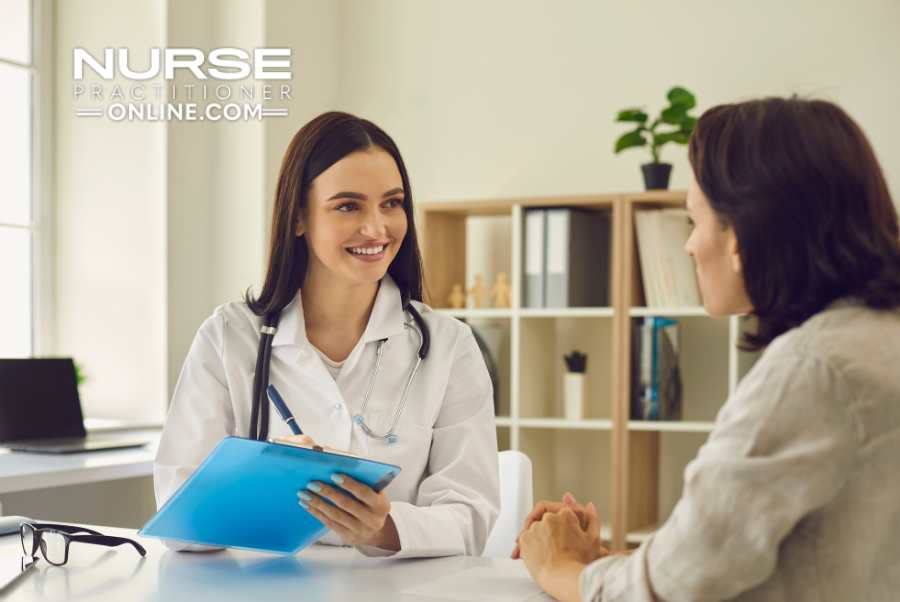 A women's health nurse practitioner meets with a female patient.