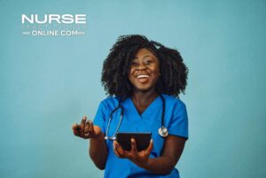 A nurse practitioner smiles while holding a small tablet.