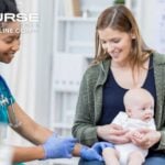 A pediatric nurse practitioner examines a baby while her mom holds her in an exam room.