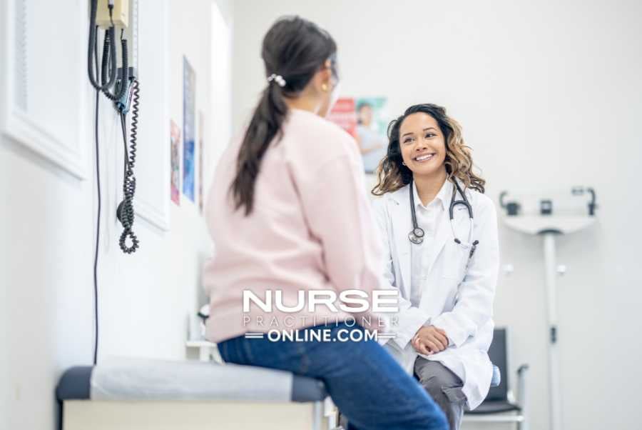 A nurse practitioner meets with a female patient in an exam room.