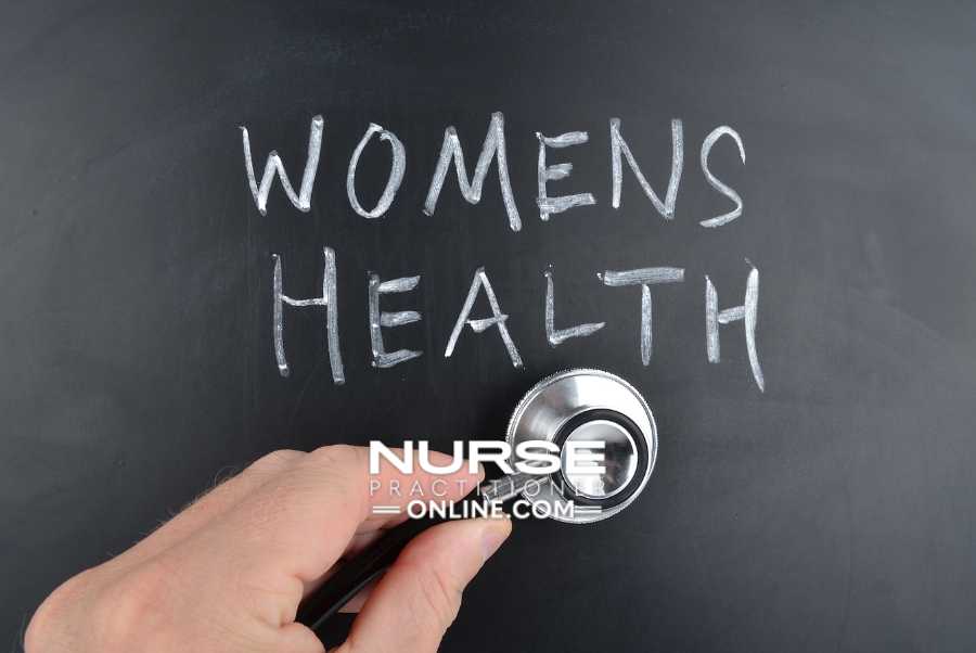 The words "Womens Health" appear on a chalkboard and a nurse practitioner holds a stethoscope up to the chalkboard.