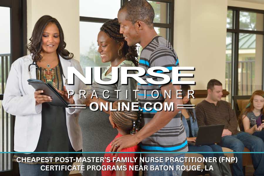 A FNP meets with a family in a medical waiting room while they all consult results on a tablet.