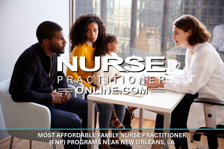 A family nurse practitioner meets with a family of three in an office setting.