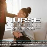 A DNP PMHNP holding a file folder meets with an adult mental health patient in an office.