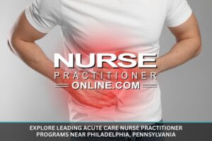 A nurse practitioner patient holds their stomach where a graphic of red radiating pain is shown.