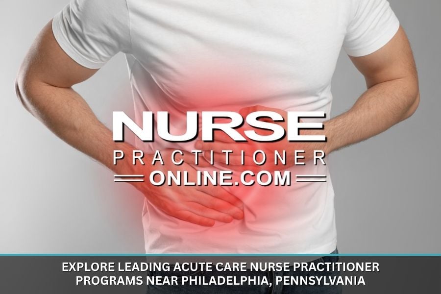 A nurse practitioner patient holds their stomach where a graphic of red radiating pain is shown.