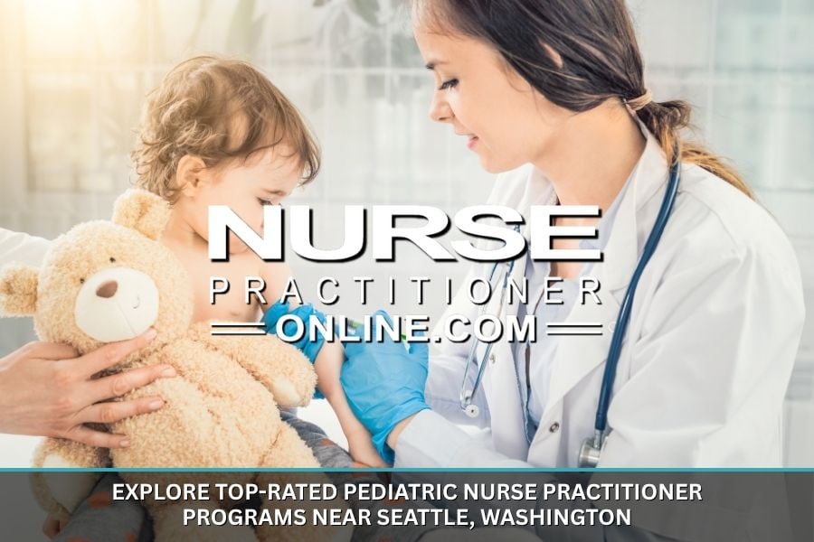 A pediatric nurse practitioner examines a young child holding a stuffed bear.