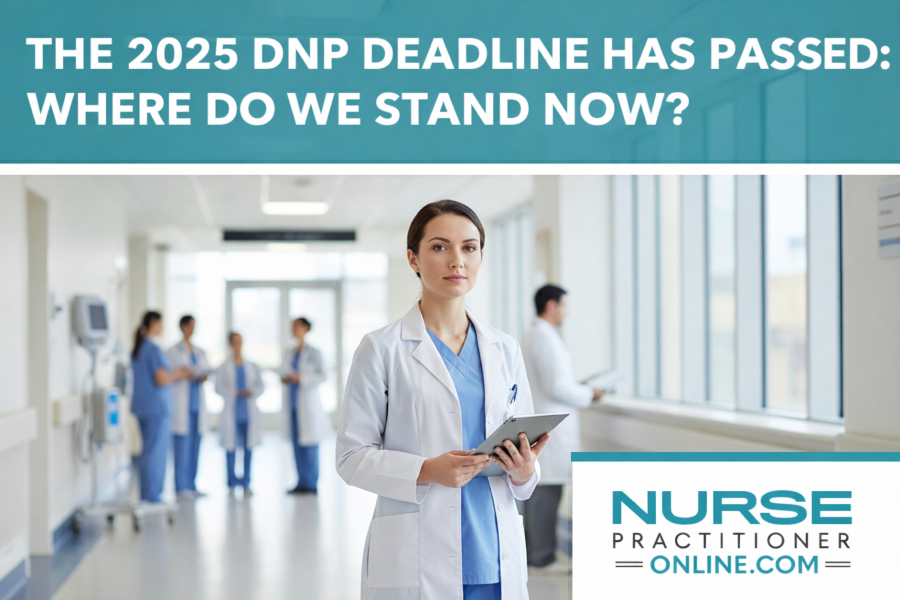 DNP-level NP standing in the hallway of a hospital holding a clipboard
