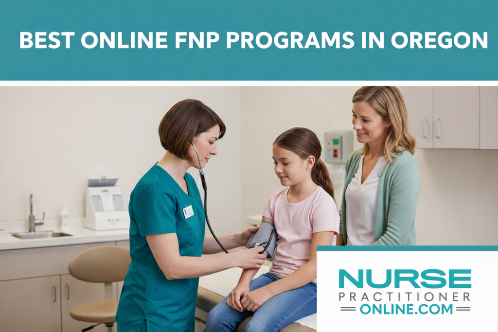 Female family nurse practitioner takes the blood pressure of a pre-teen girl in an exam room as her mom watches