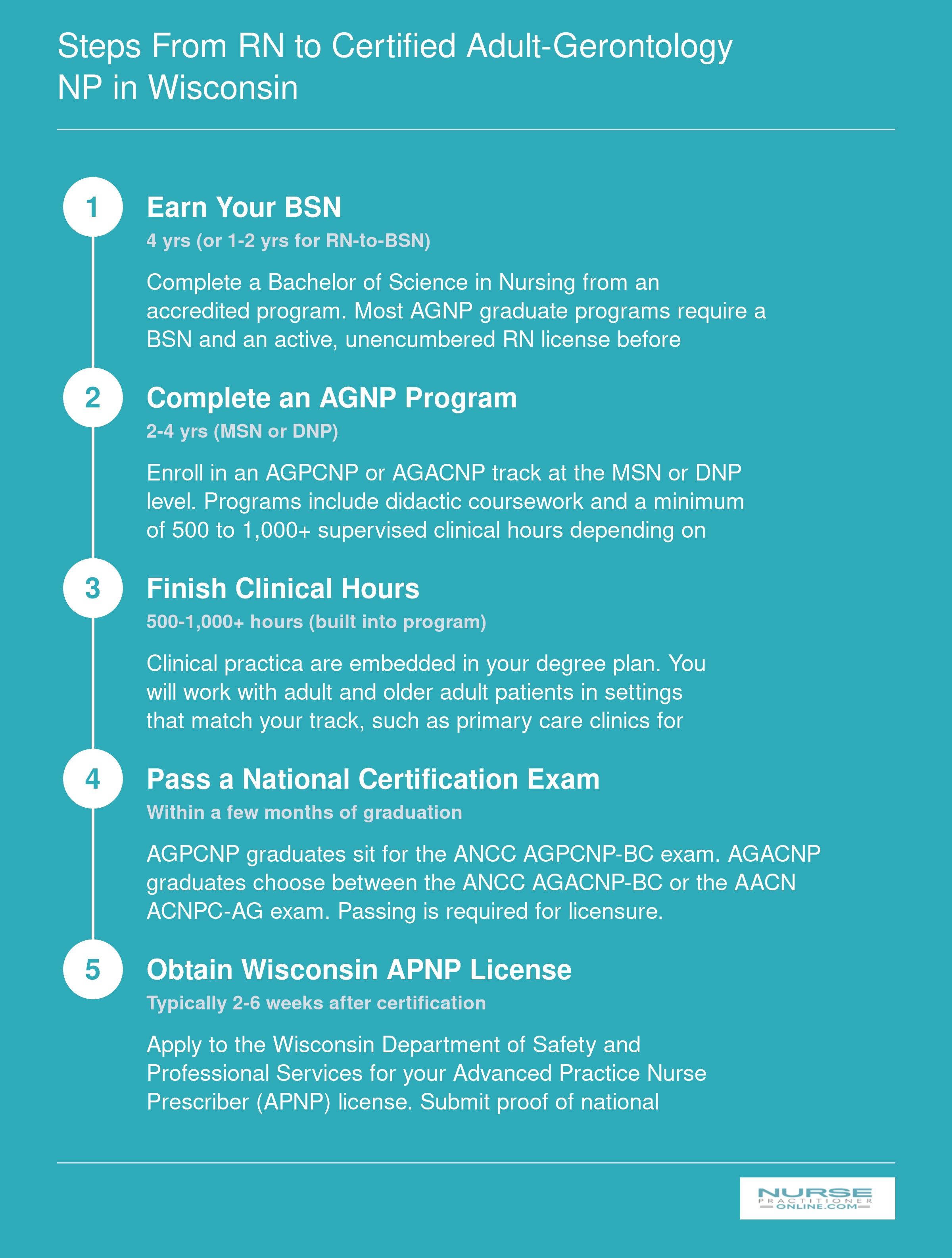 Five step pathway from BSN through AGNP program, clinical hours, national certification exam, and Wisconsin APNP licensure, spanning roughly 3 to 5 years total