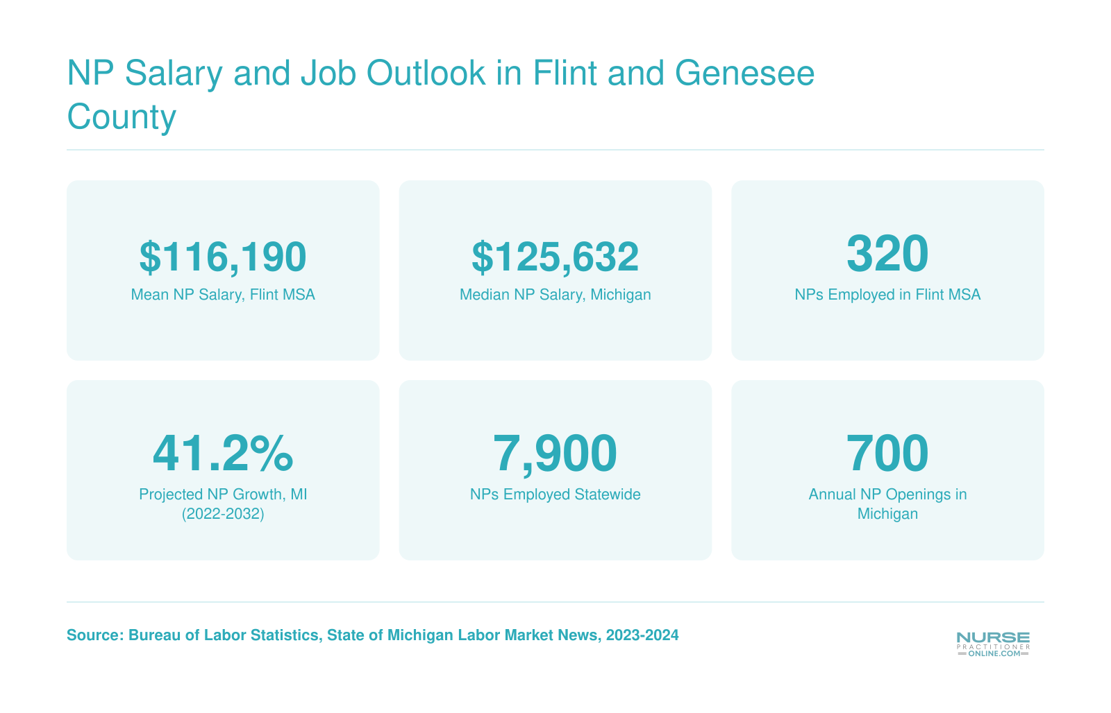 NP salary and employment statistics for the Flint MSA and Michigan, including $116,190 mean salary, 320 employed, and 41.2% projected growth