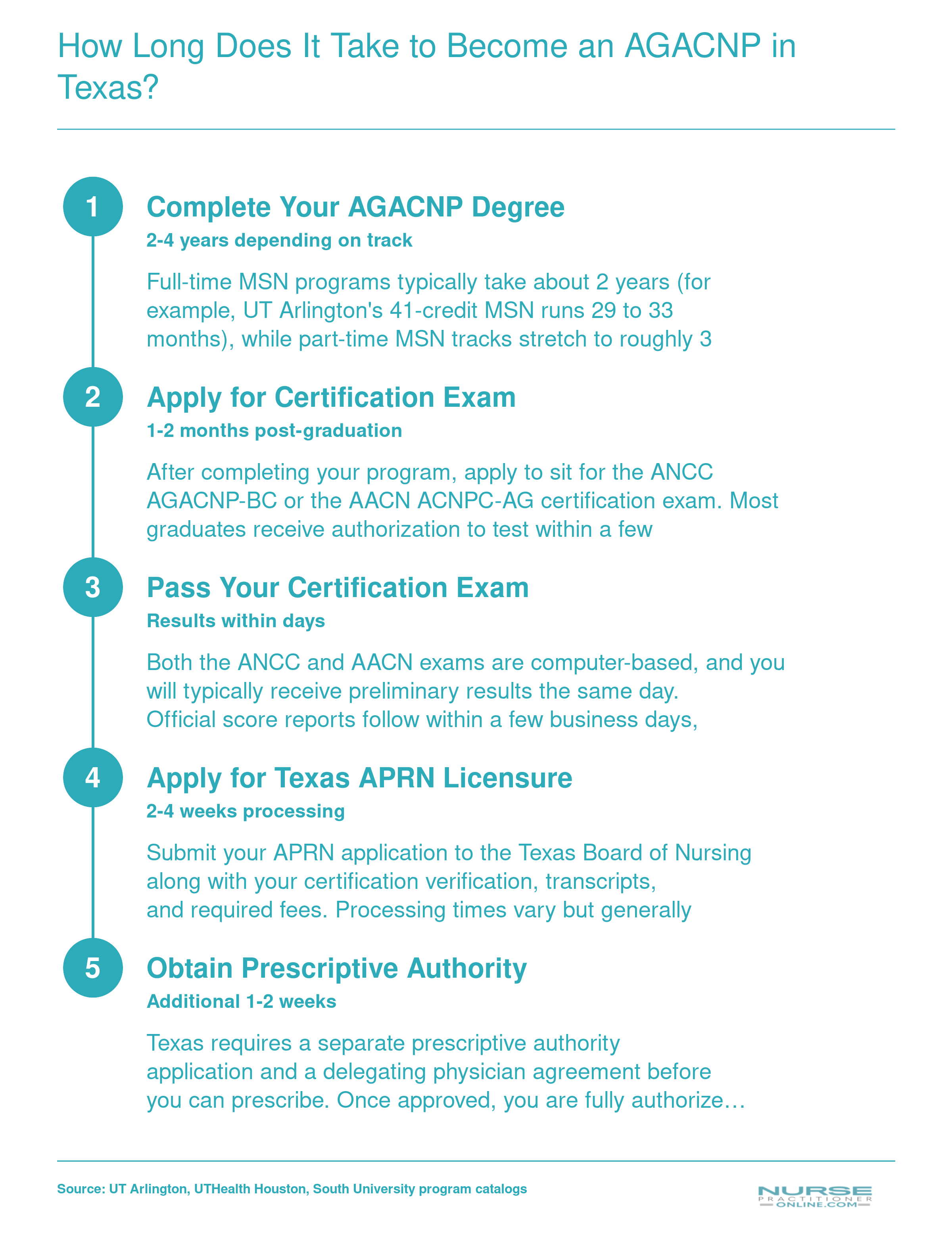 Timeline from BSN to certified AGACNP practice in Texas, spanning 2 to 4 years of coursework plus 2 to 4 months for certification and licensure