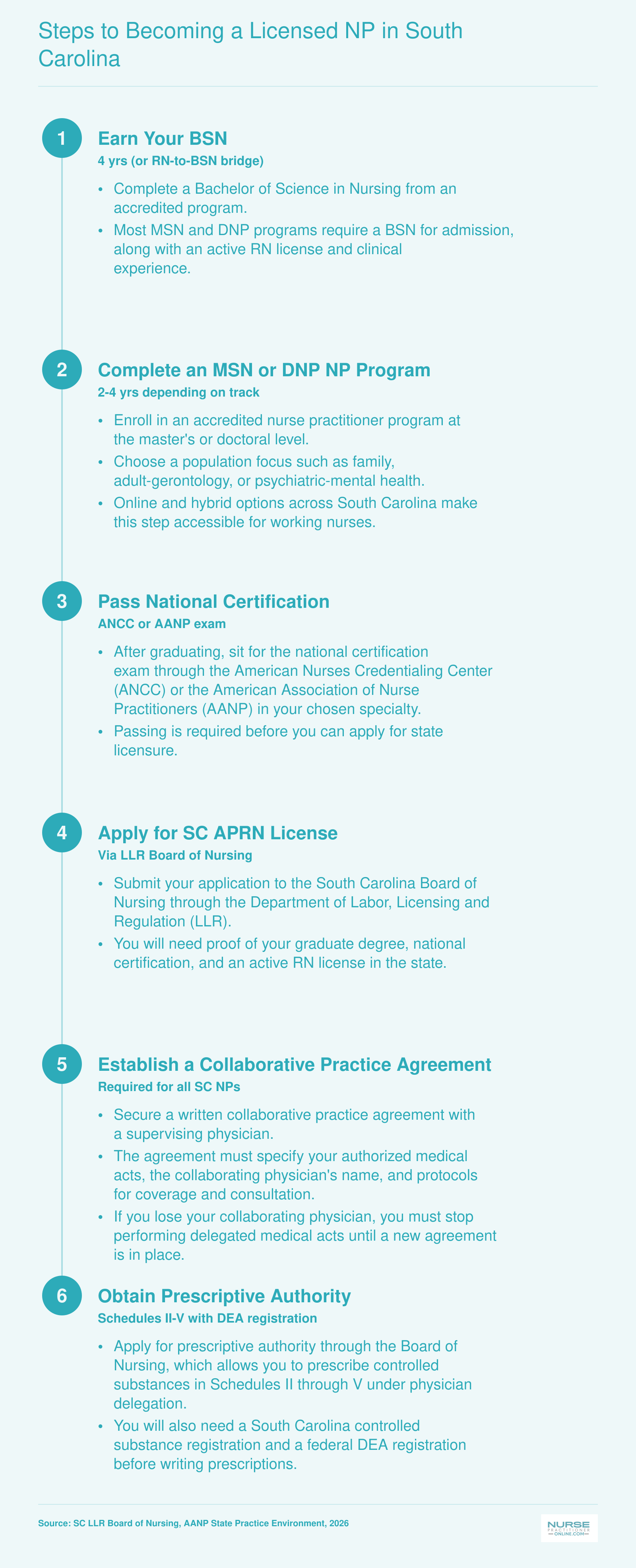 Six-step licensure pathway for nurse practitioners in South Carolina, from earning a BSN through obtaining prescriptive authority with DEA registration