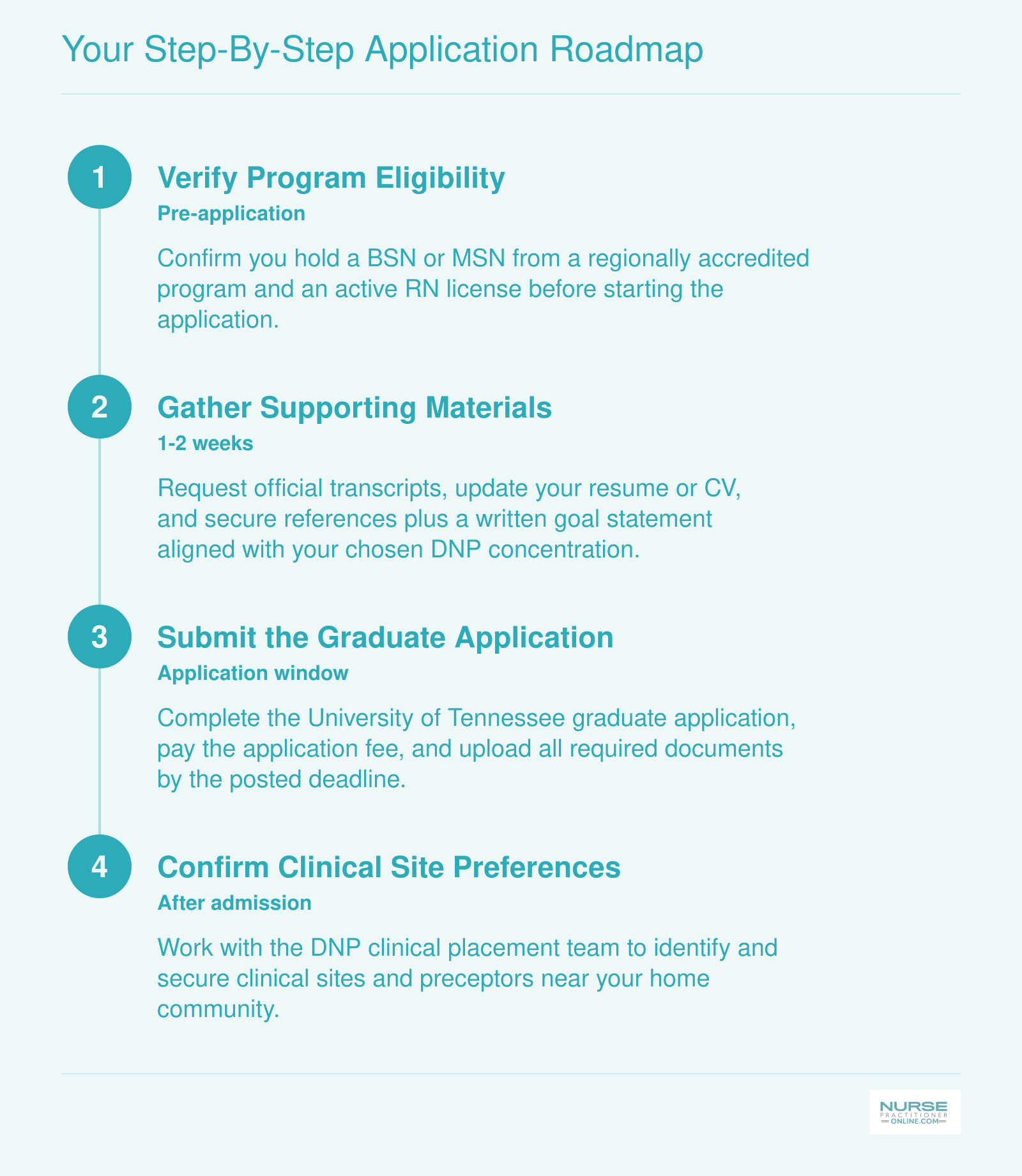 Four-step online DNP application flow covering eligibility, materials, submission, and clinical site confirmation.