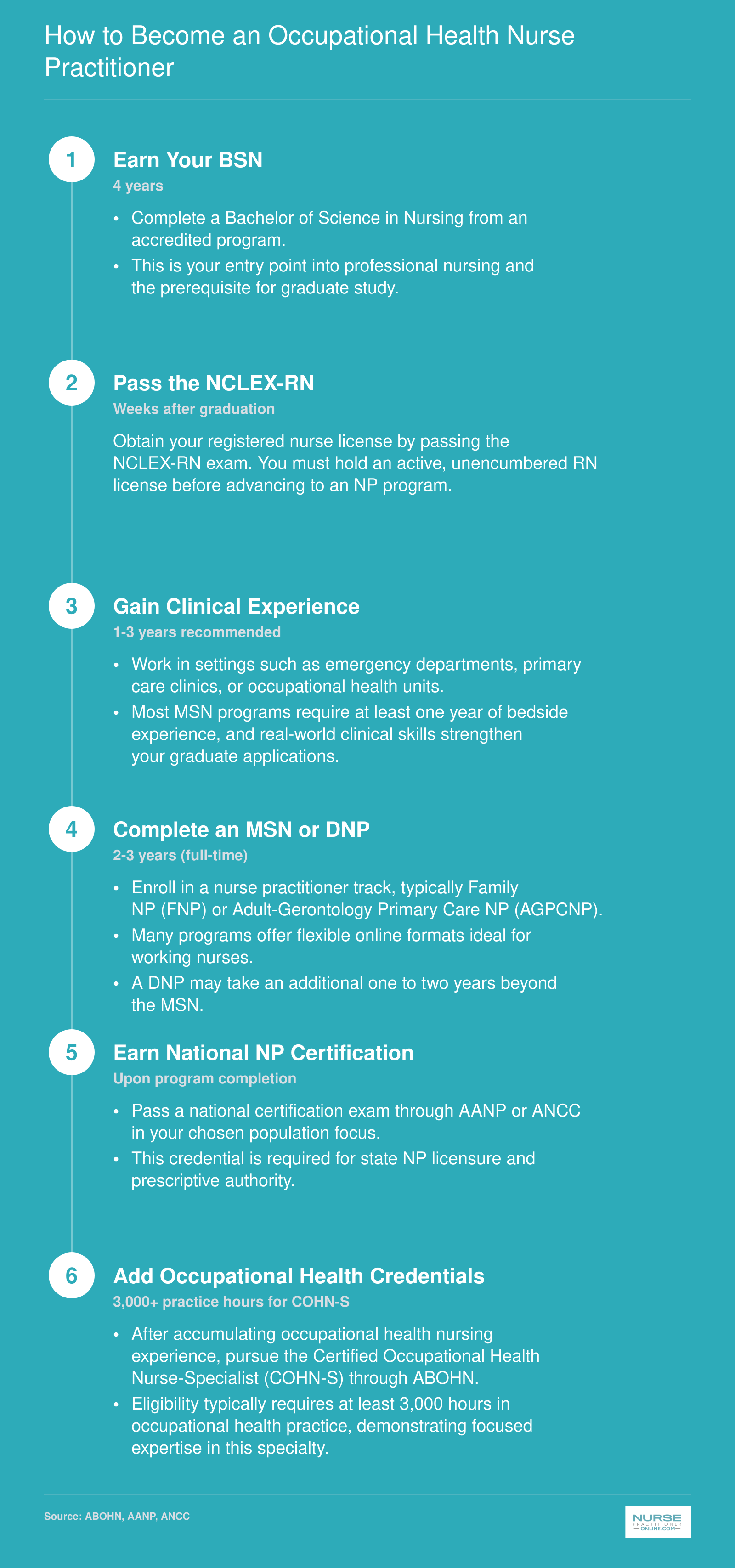 Six-step career pathway from BSN through RN licensure, clinical experience, MSN or DNP, NP certification, and occupational health credentials