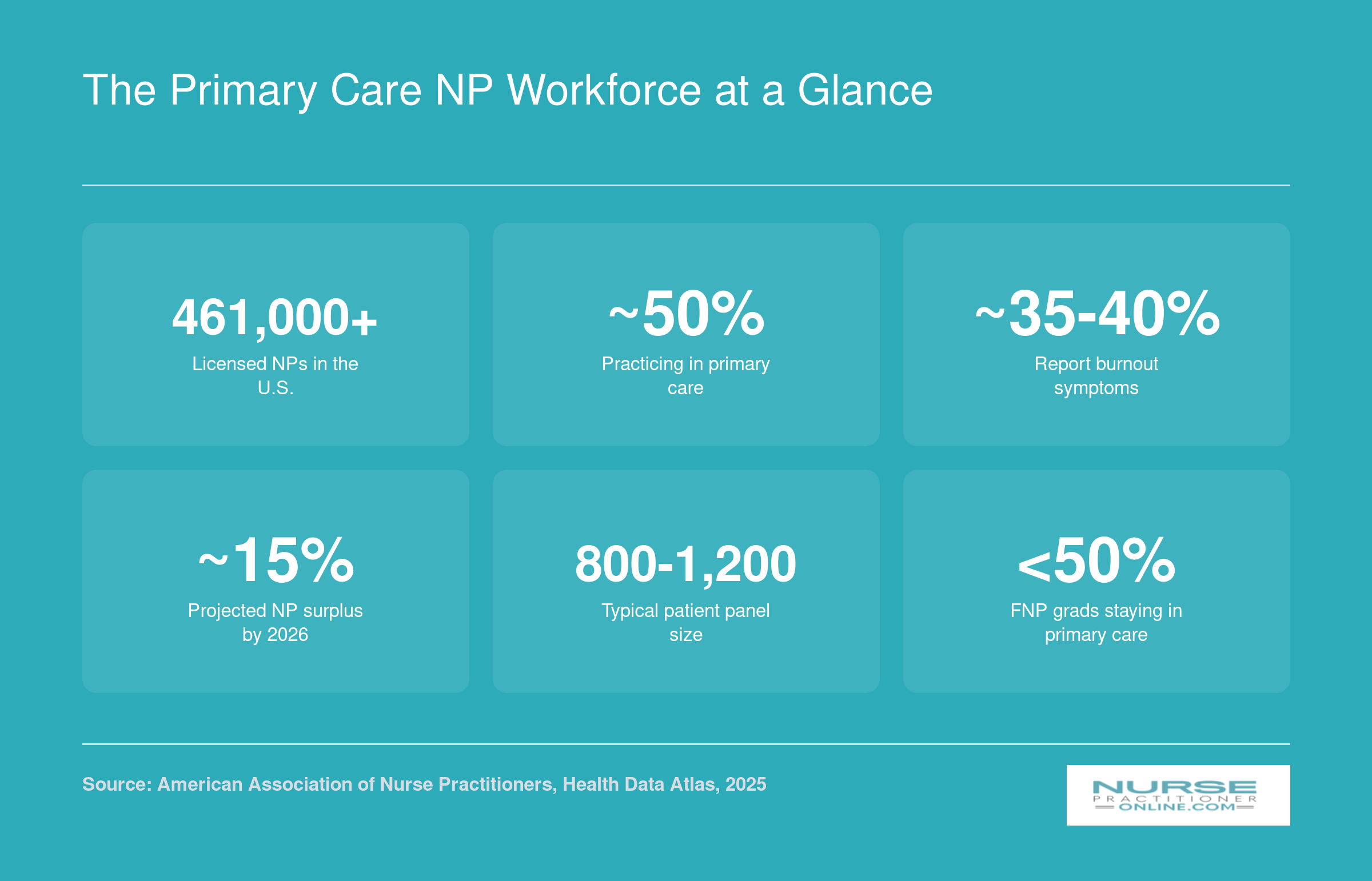 Six workforce statistics for nurse practitioners including total licensed NPs, primary care share, burnout rate, projected surplus, panel size, and FNP graduate retention in primary care as of 2025