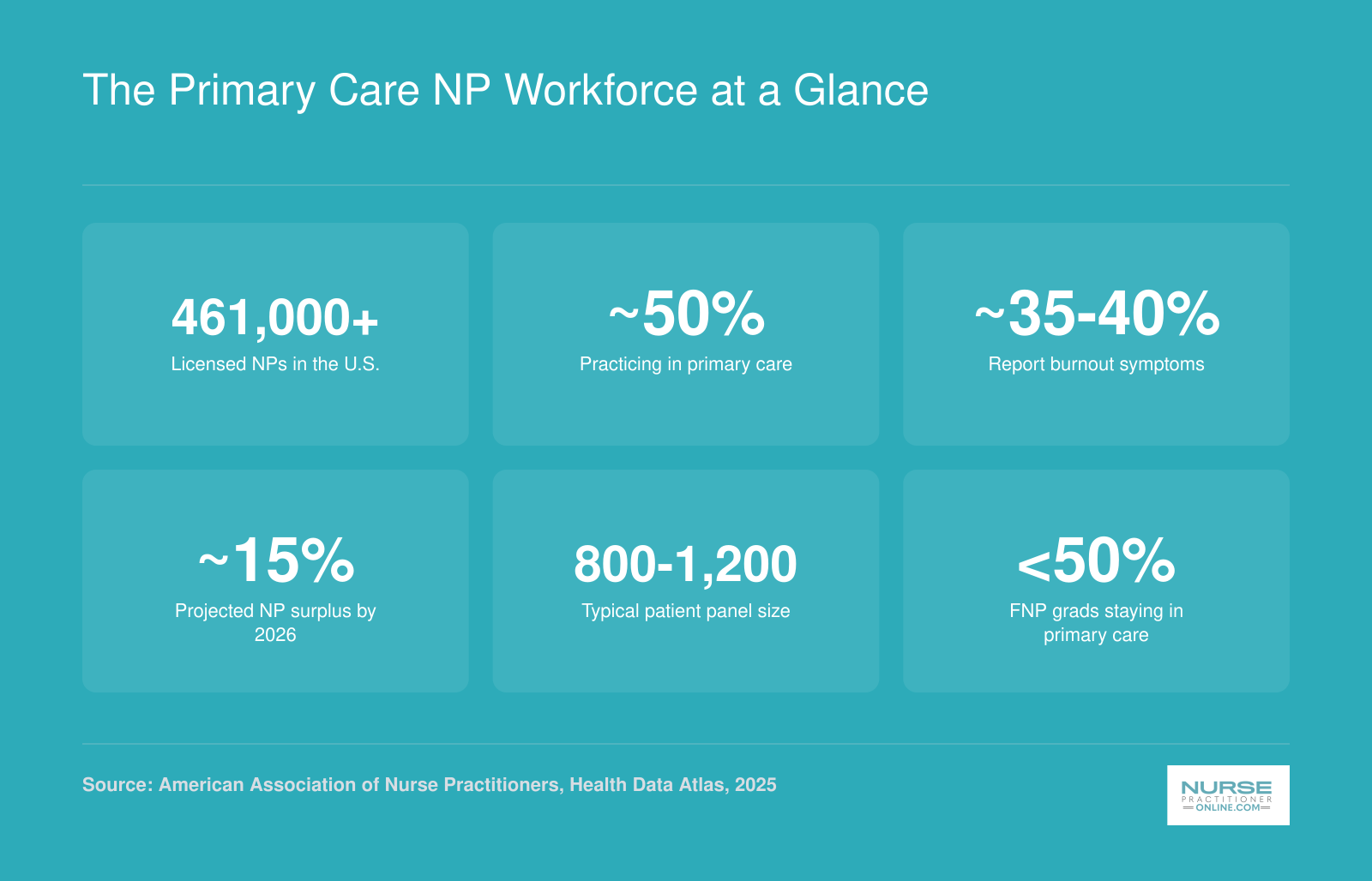 Six workforce statistics for nurse practitioners including total licensed NPs, primary care share, burnout rate, projected surplus, panel size, and FNP graduate retention in primary care as of 2025