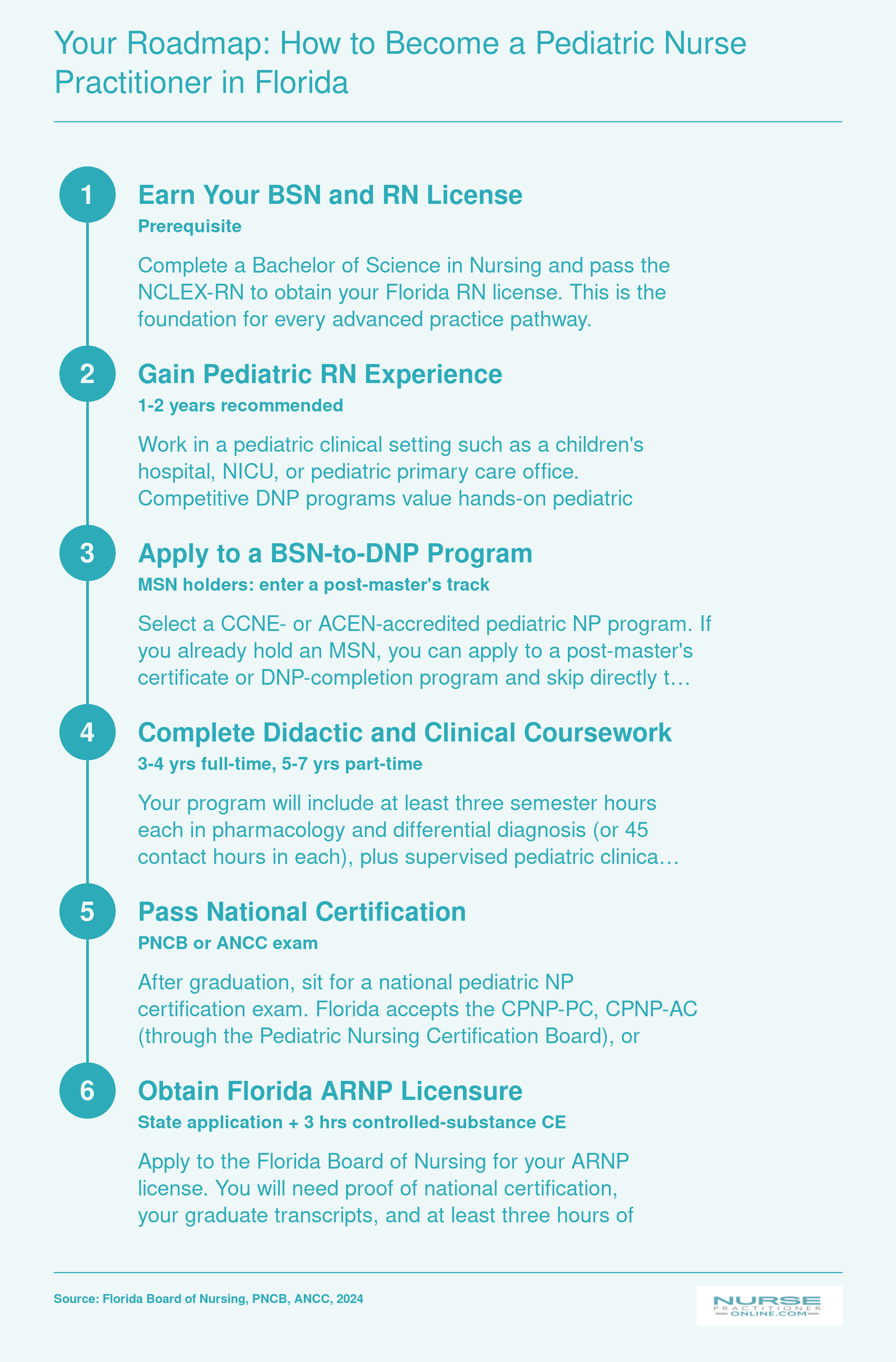 Six-step pathway from BSN and RN licensure through pediatric DNP completion to Florida ARNP licensure, spanning three to seven years