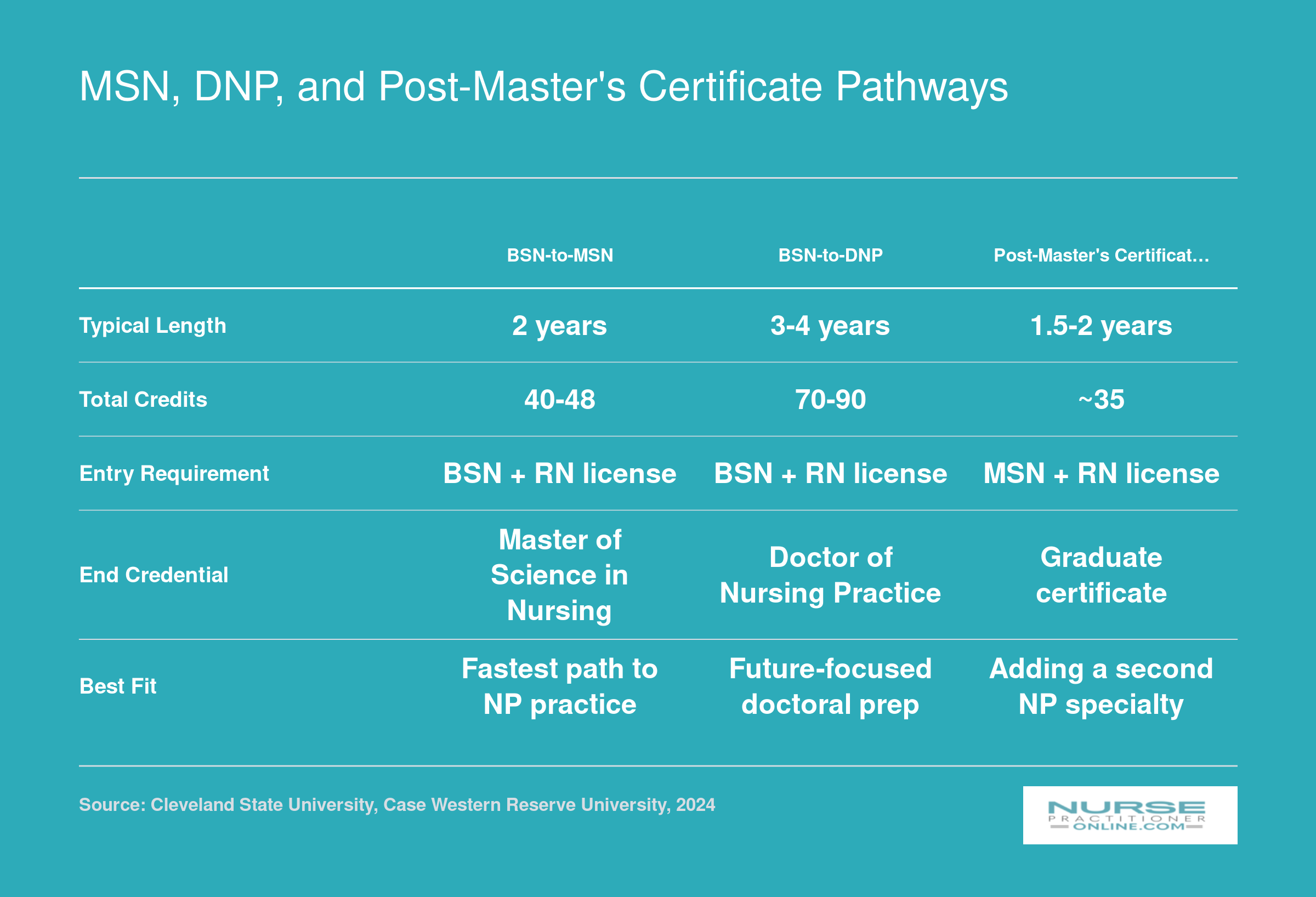 Side-by-side comparison of BSN-to-MSN, BSN-to-DNP, and post-master's certificate NP pathways showing typical length, credits, entry requirements, and best-fit scenarios