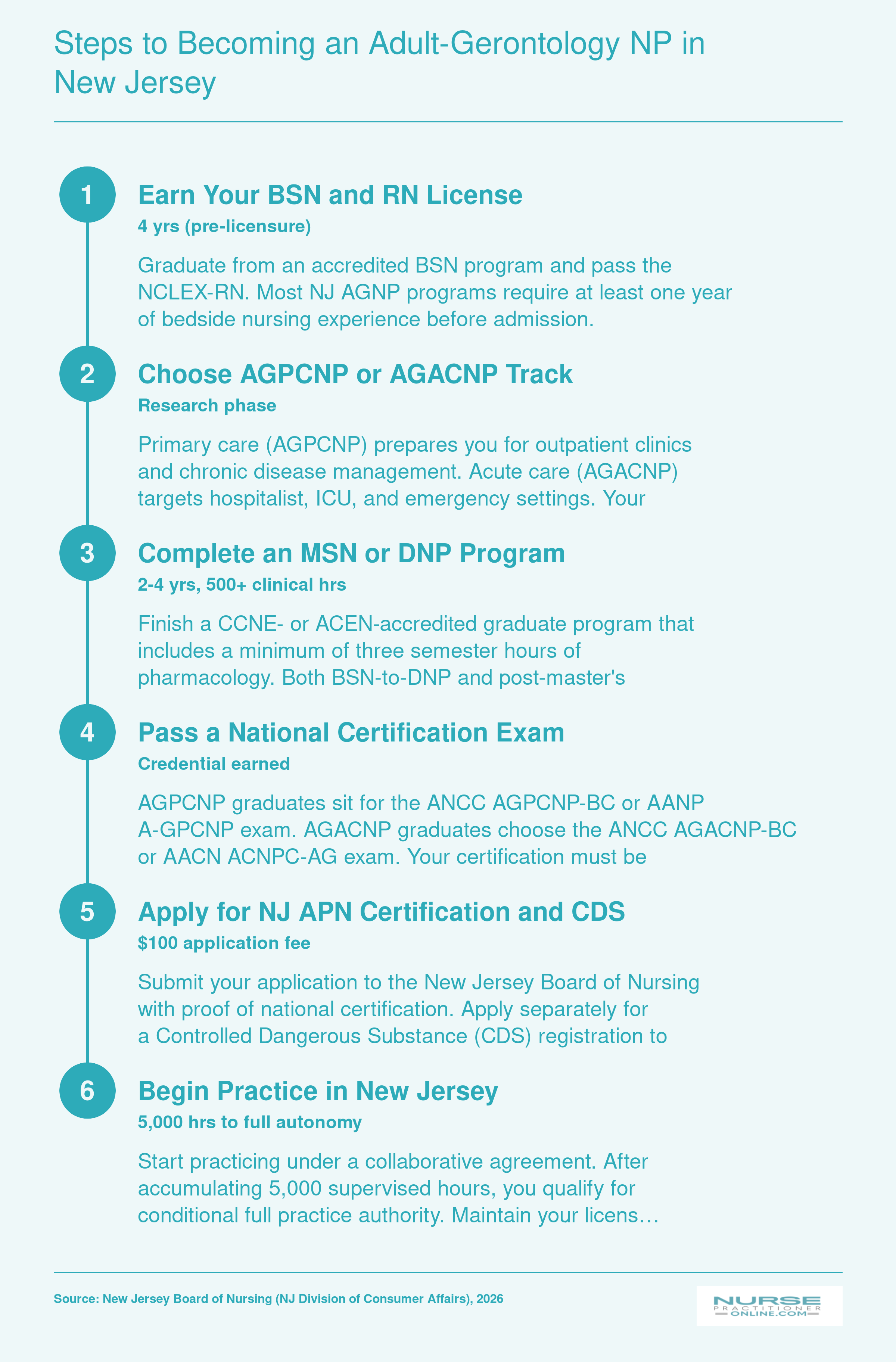 Six steps from BSN and RN licensure through national certification and NJ APN application to independent AGNP practice in 2026