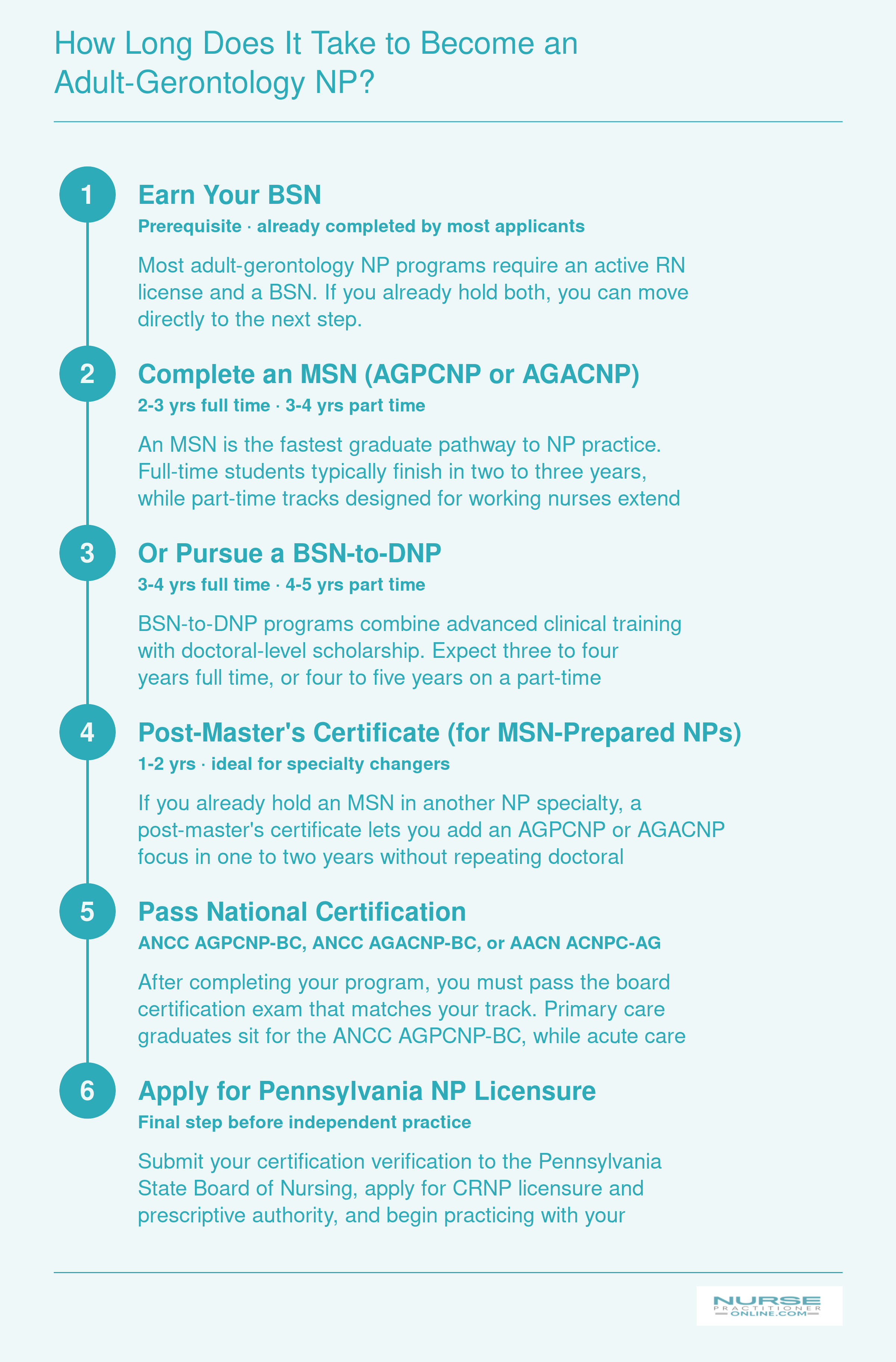 Six-step timeline from BSN through MSN or DNP to certification and Pennsylvania NP licensure, with part-time and full-time duration estimates