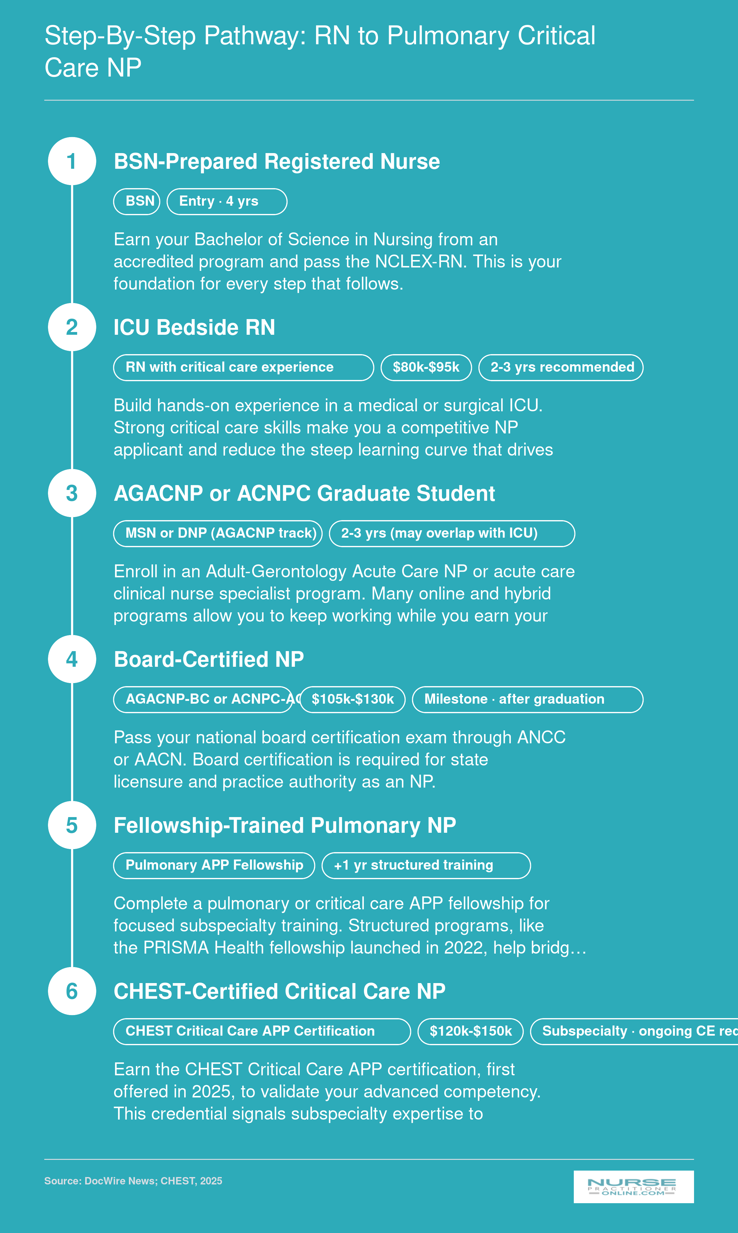 Career pathway from BSN through ICU experience, AGACNP degree, board certification, fellowship, and CHEST critical care certification, spanning roughly 9 to 13 years