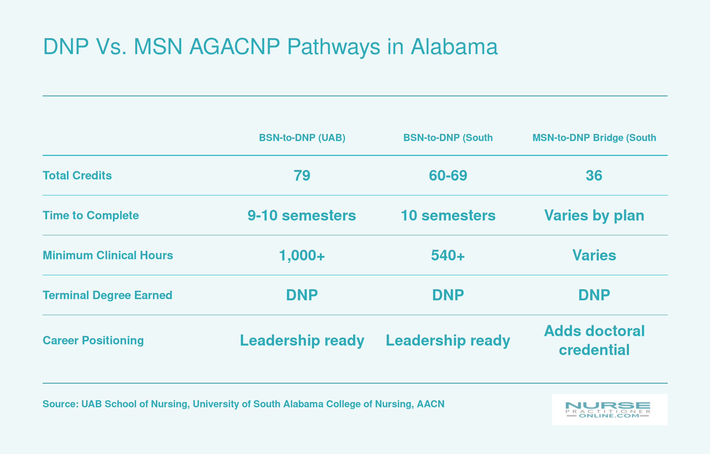Side-by-side comparison of BSN-to-DNP AGACNP programs at UAB and South Alabama plus South Alabama MSN-to-DNP bridge across credits, duration, and clinical hours
