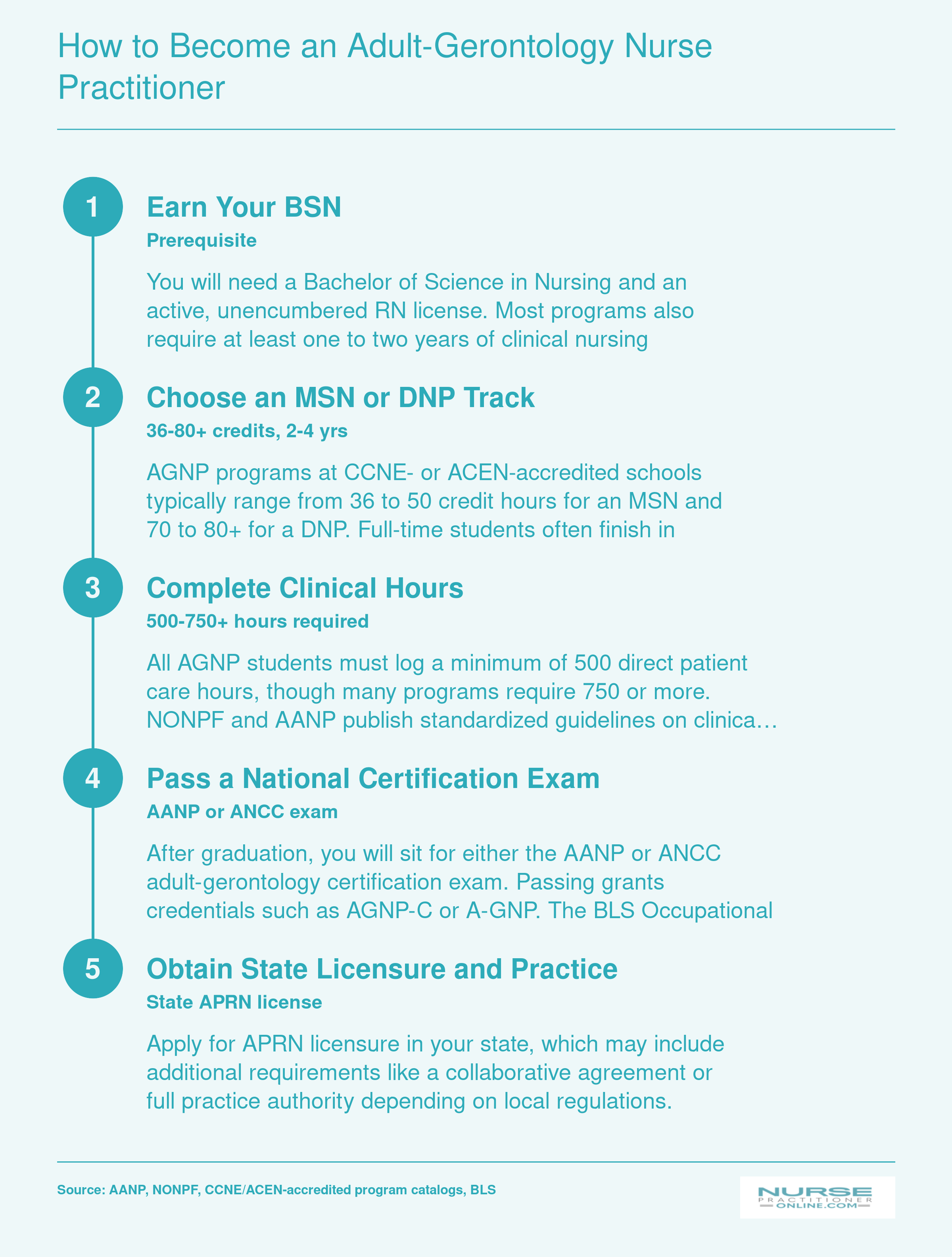 Five-step pathway from BSN through certification to become an adult-gerontology nurse practitioner, covering 36 to 80 plus credits and 500 to 750 plus clinical hours