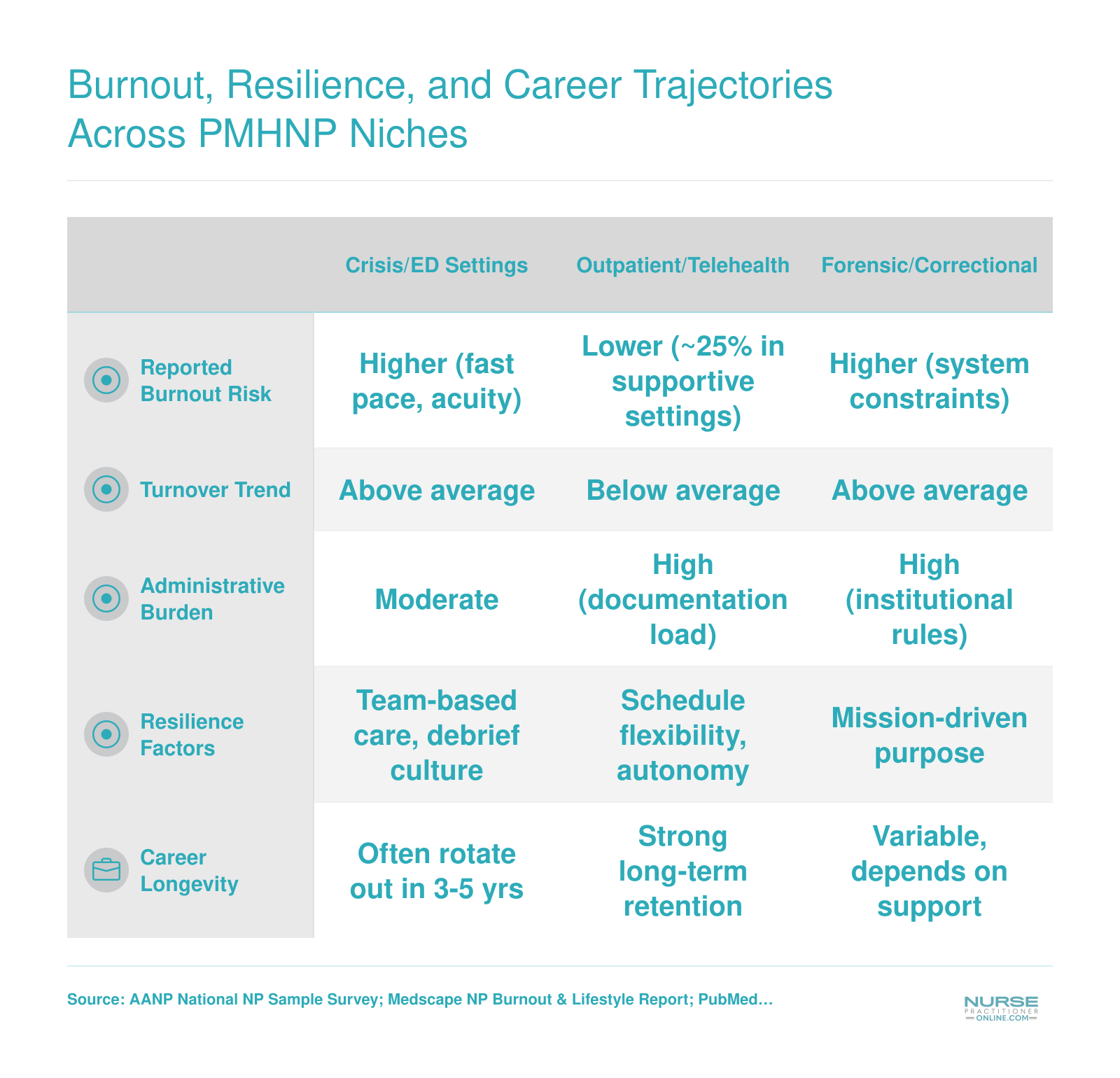Comparison of burnout risk, turnover, and resilience factors across crisis, outpatient, and forensic PMHNP practice settings
