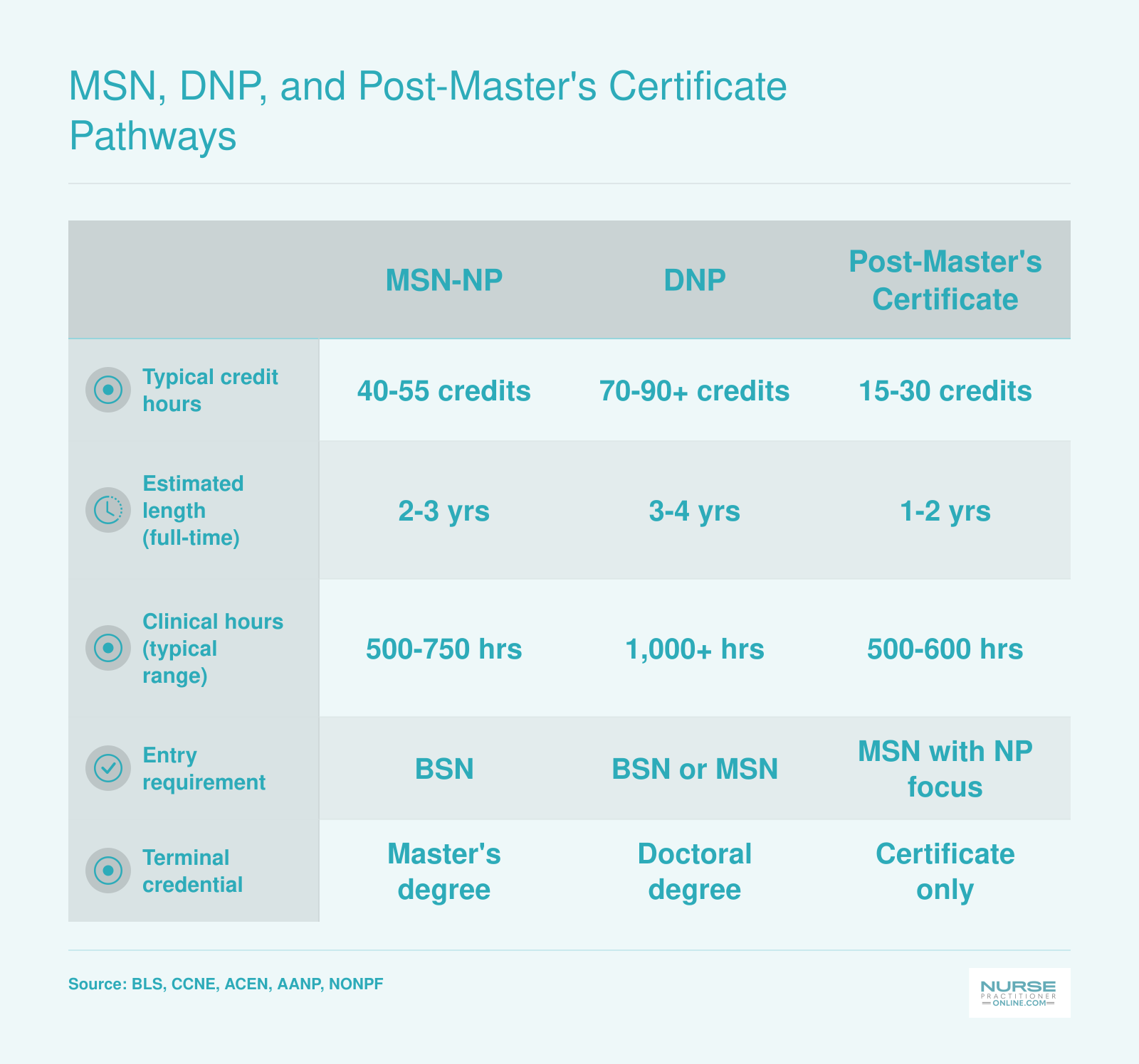 Side-by-side comparison of typical credit hours, program length, clinical hours, entry requirements, and credentials for MSN-NP, DNP, and post-master's NP certificate pathways