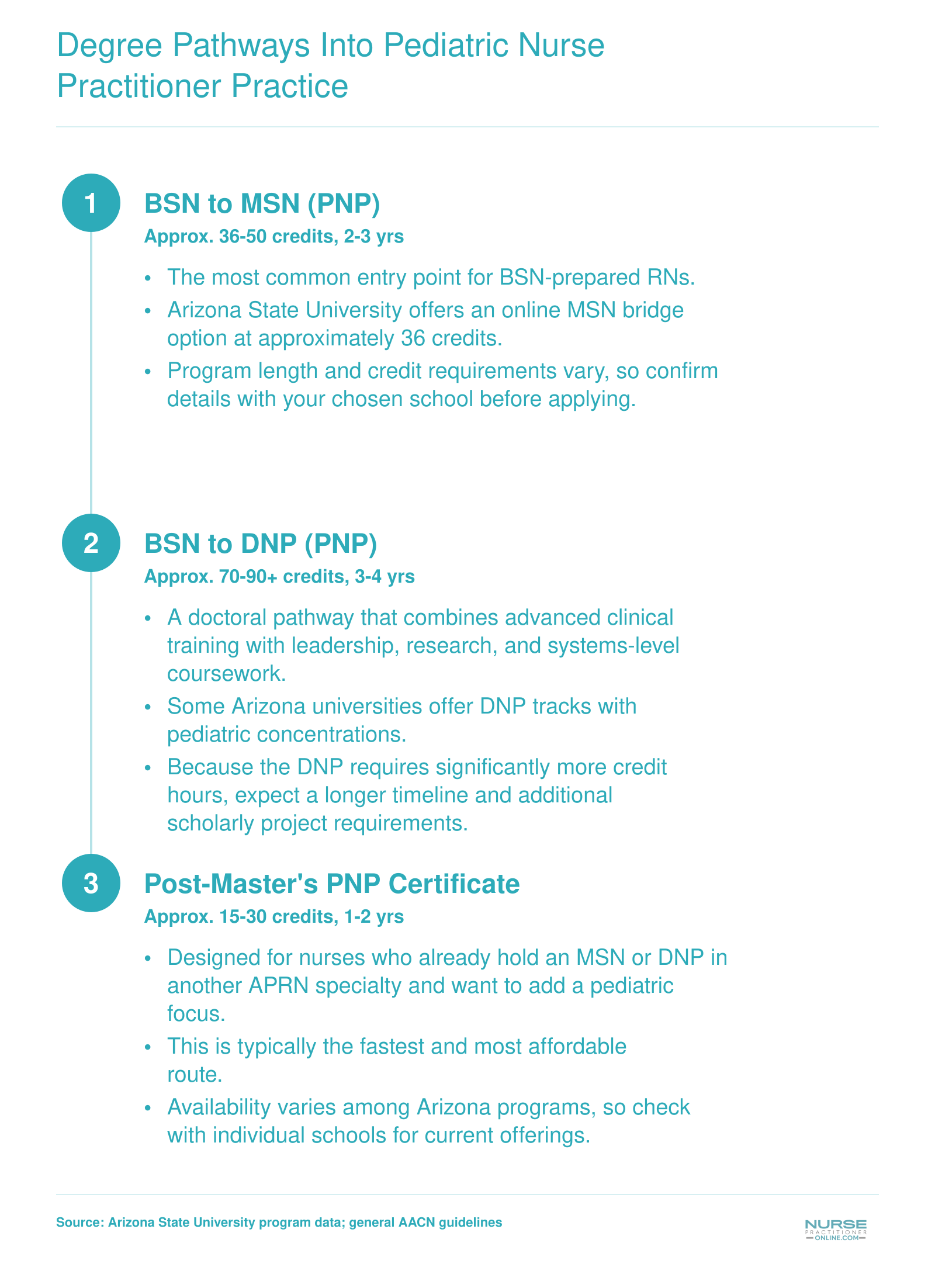 Three degree pathways into pediatric nurse practitioner practice: BSN to MSN, BSN to DNP, and post-master's certificate, with typical credit ranges and timelines