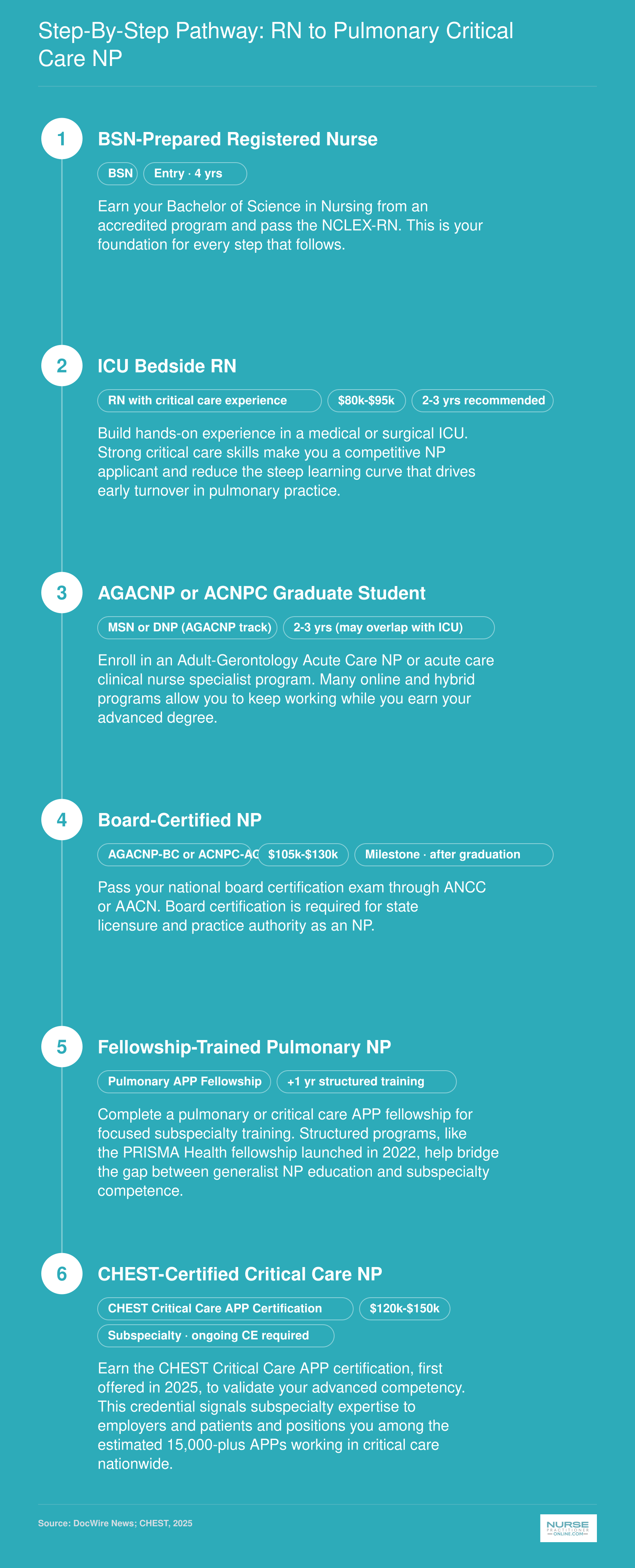 Career pathway from BSN through ICU experience, AGACNP degree, board certification, fellowship, and CHEST critical care certification, spanning roughly 9 to 13 years