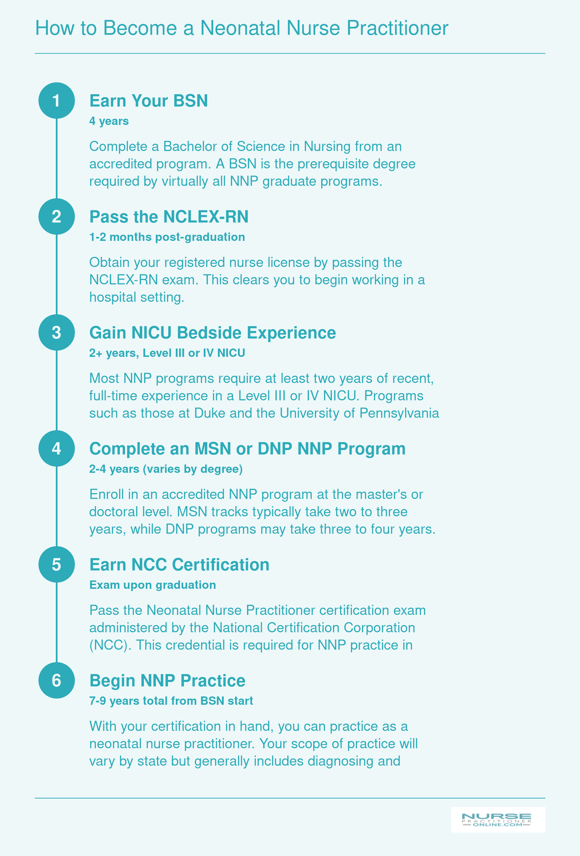 Six-step timeline from BSN through NCC certification showing the 7 to 9 year pathway to becoming a neonatal nurse practitioner