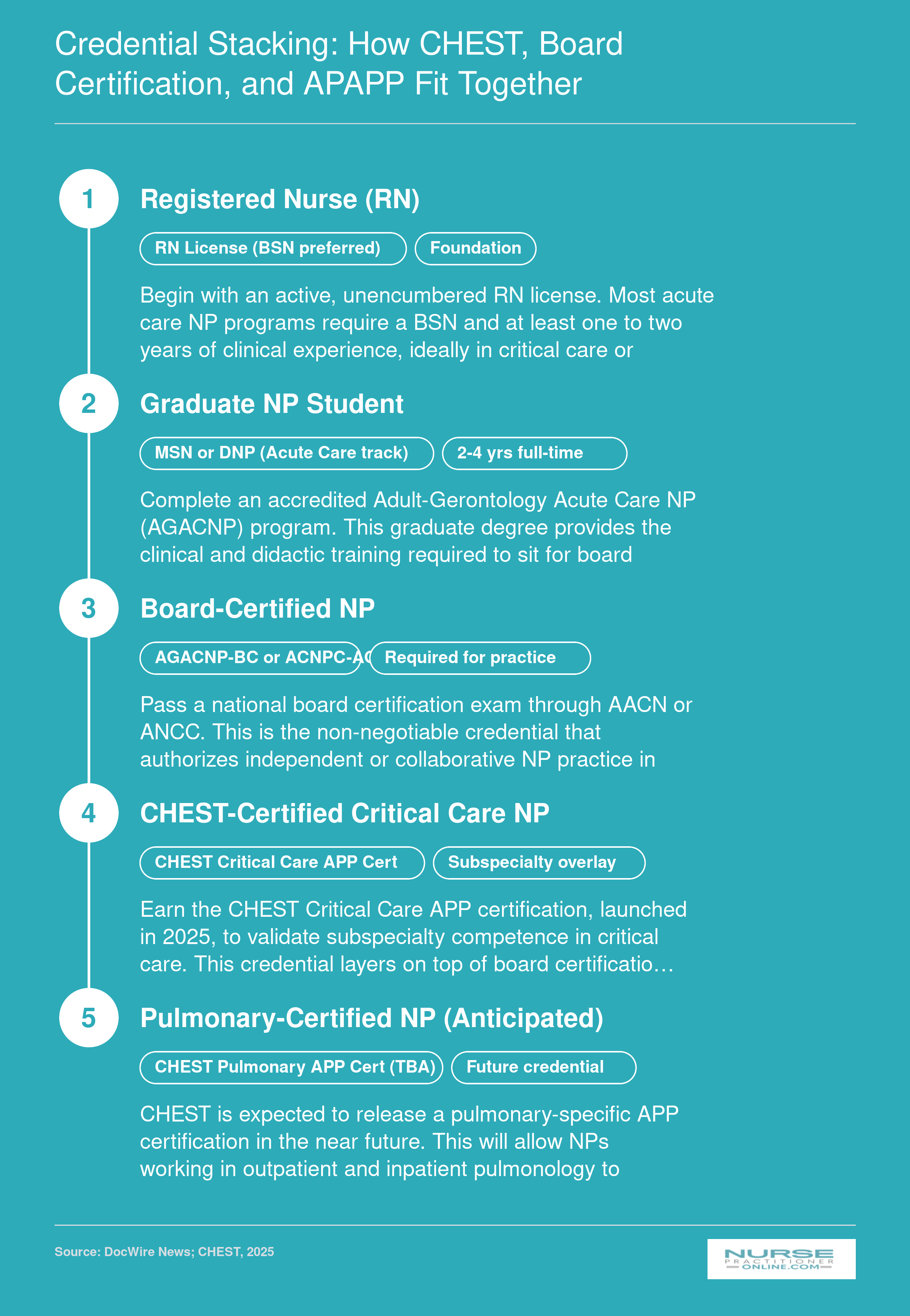 Five-stage credentialing pathway from RN licensure through board certification, CHEST critical care certification, and anticipated pulmonary certification for NPs