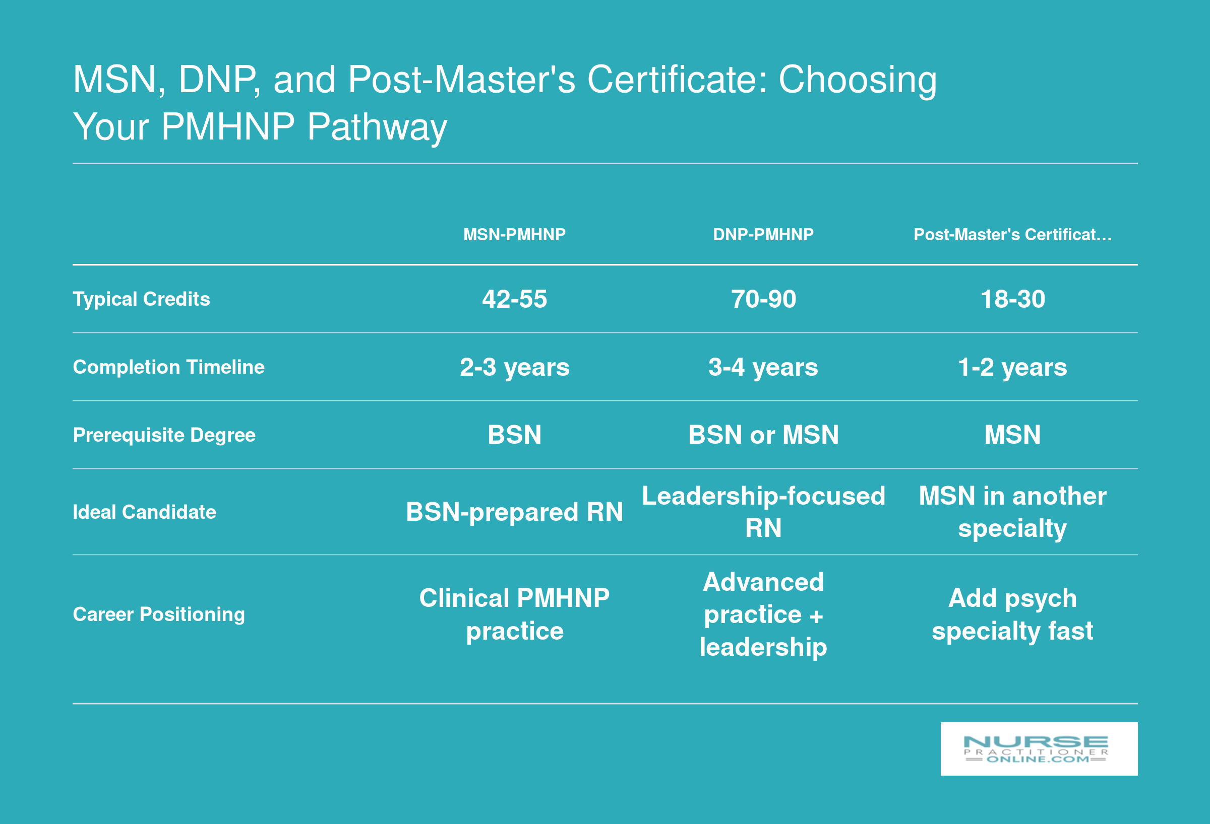 Side-by-side comparison of MSN, DNP, and post-master's certificate PMHNP pathways across credits, timeline, prerequisites, and career fit
