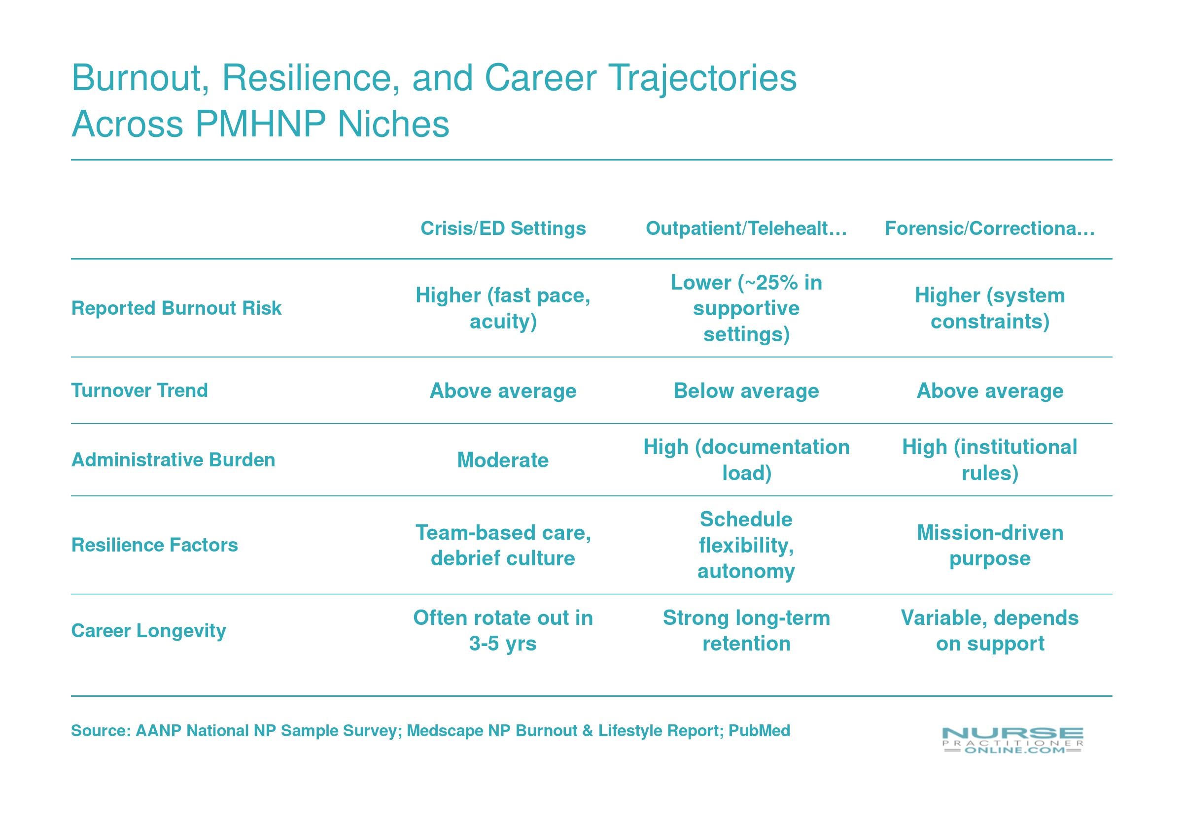 Comparison of burnout risk, turnover, and resilience factors across crisis, outpatient, and forensic PMHNP practice settings