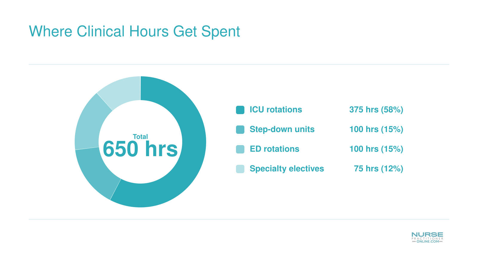 Typical AGACNP clinical hour breakdown across ICU, step-down, ED, and specialty rotations totaling roughly 650 hours
