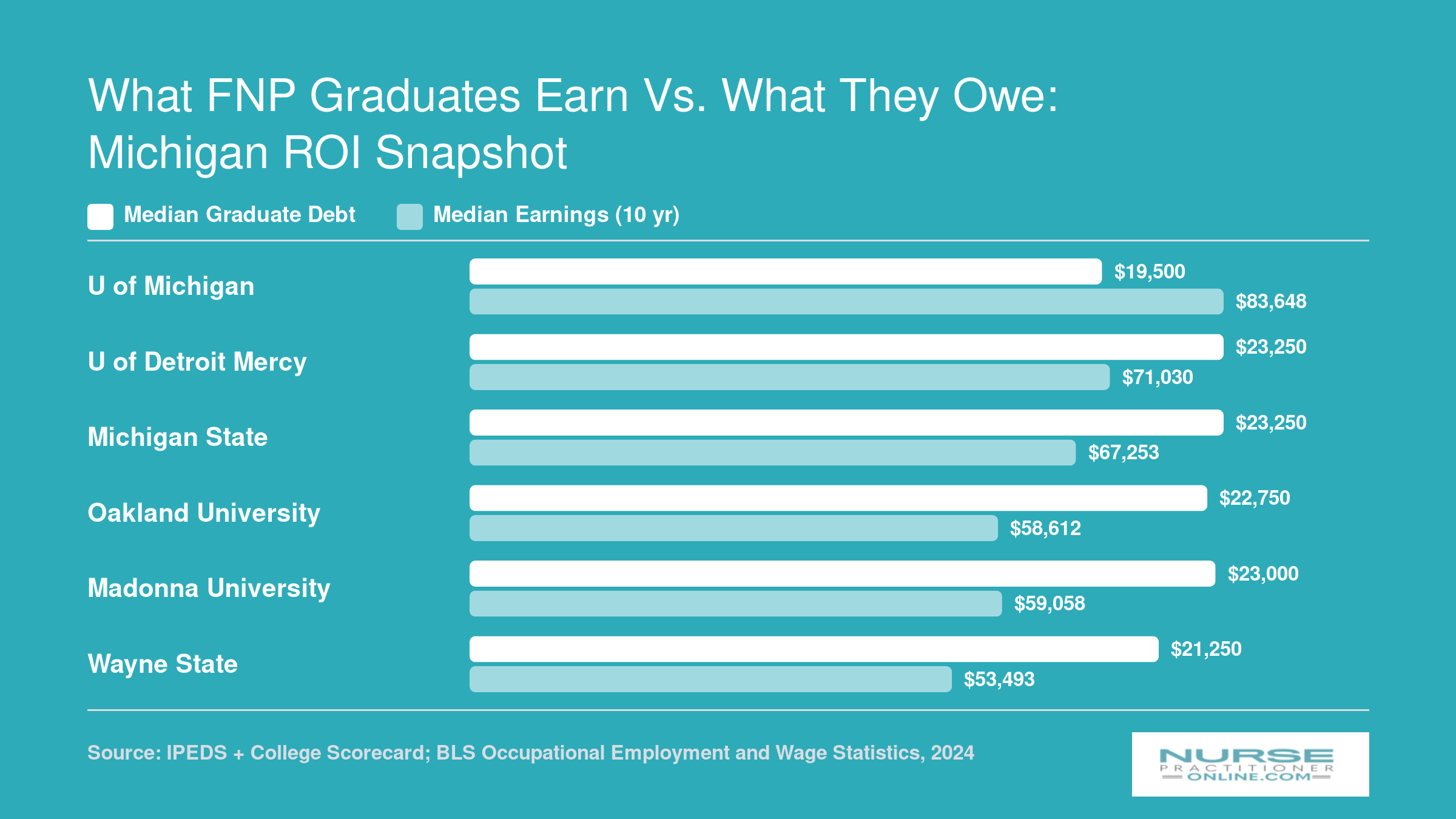 Median graduate debt versus median earnings at ten years for six Michigan FNP programs, with debt ranging from $19,500 to $23,250 and earnings from $53,493 to $83,648