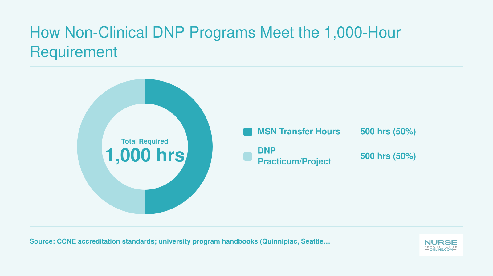 Breakdown of 1,000 DNP practice hours showing 500 MSN transfer hours plus 500 DNP practicum or project hours