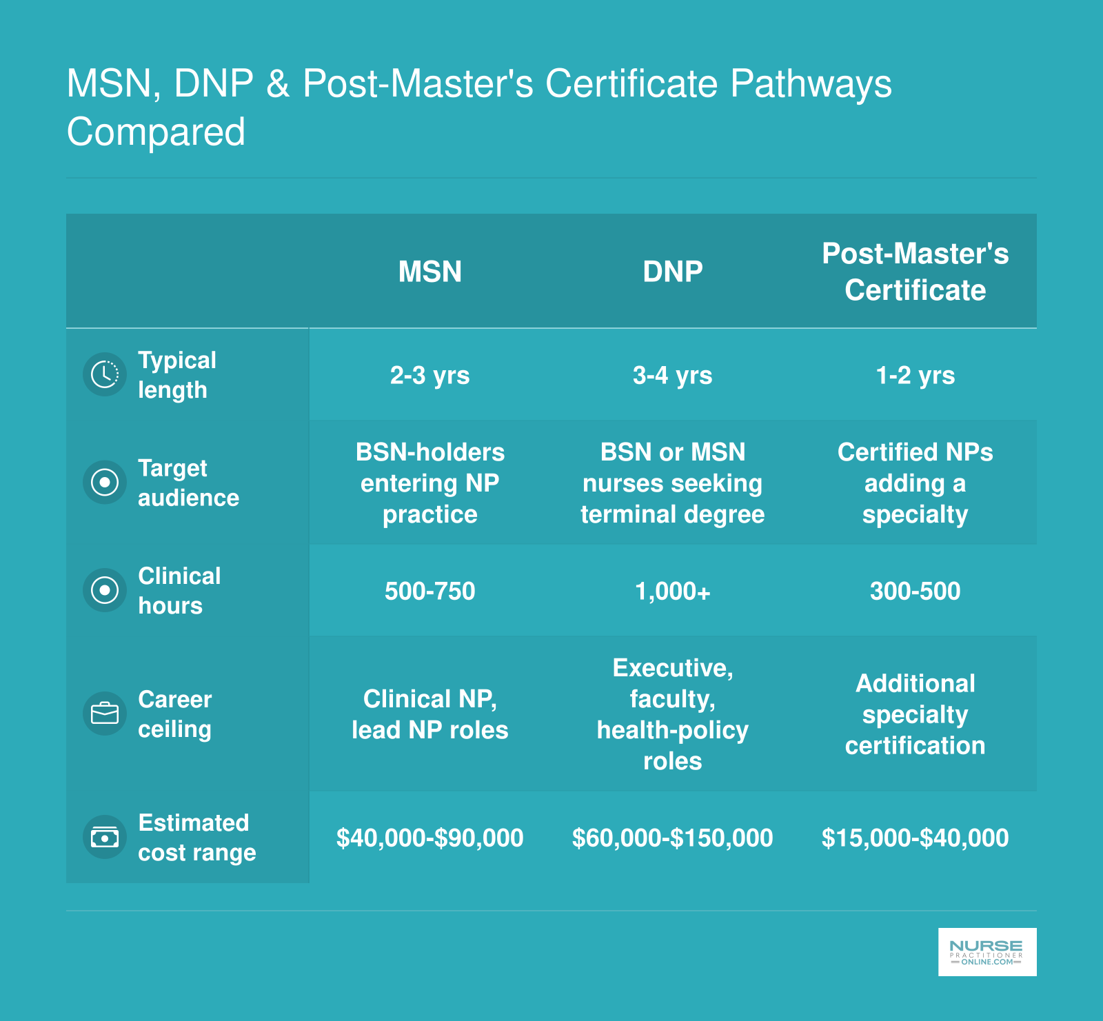 Side-by-side comparison of MSN, DNP, and post-master's certificate NP pathways across length, audience, clinical hours, career ceiling, and cost