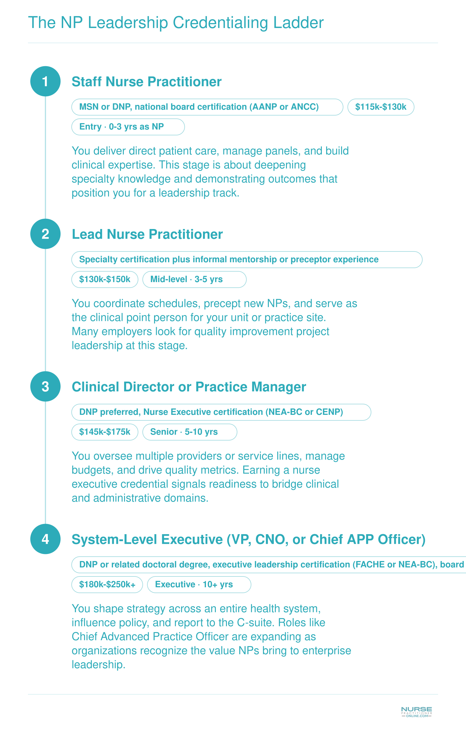 Four-stage NP leadership career ladder from staff NP through lead NP and clinical director to system-level executive, with credentials and salary bands at each level